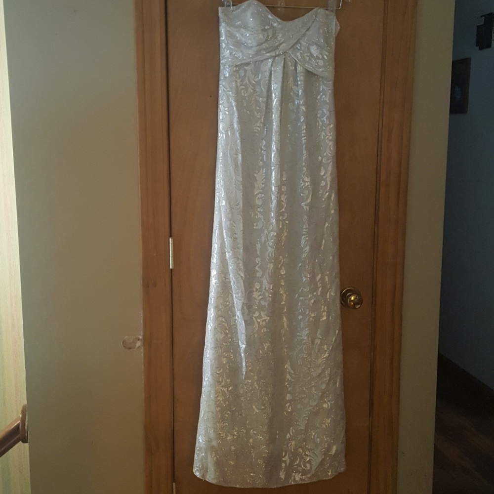Nicole Miller White & Silver Foil Gown